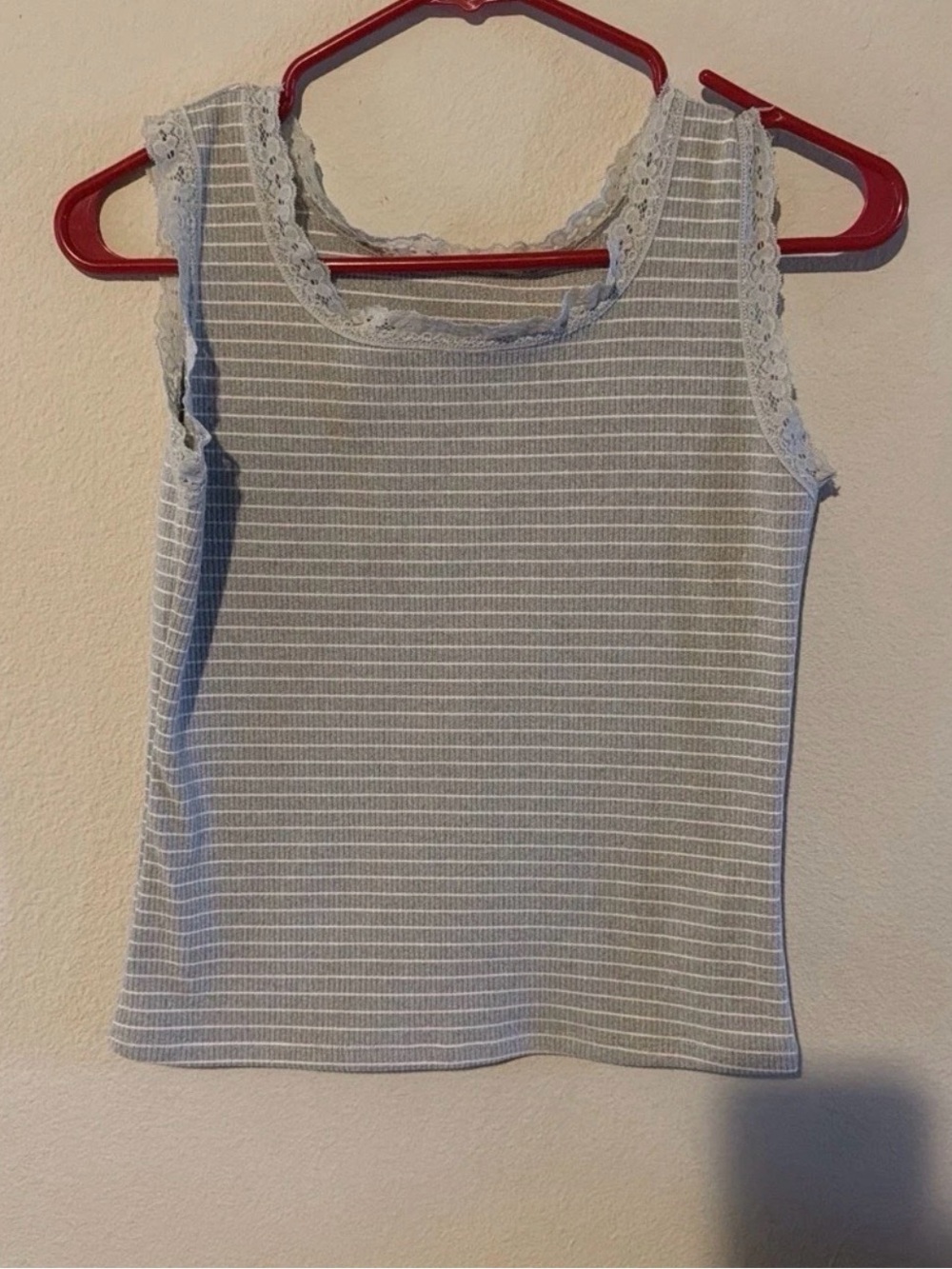 Amazon Light Gray and White Striped Lace-Trim Tank Top
